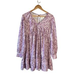 Panache Apparel Purple Floral Paisley Babydoll Mini Dress Long Sleeve L Vacation